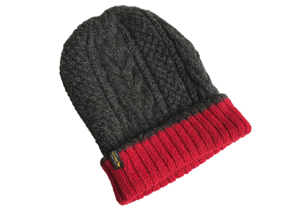 Reversible Hand Knit Alpaca Beanie - Charcoal/Cherry - 2