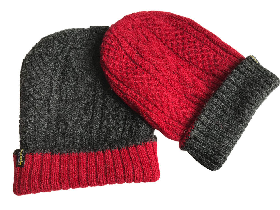 Reversible Hand Knit Alpaca Beanie - Charcoal/Cherry - 3