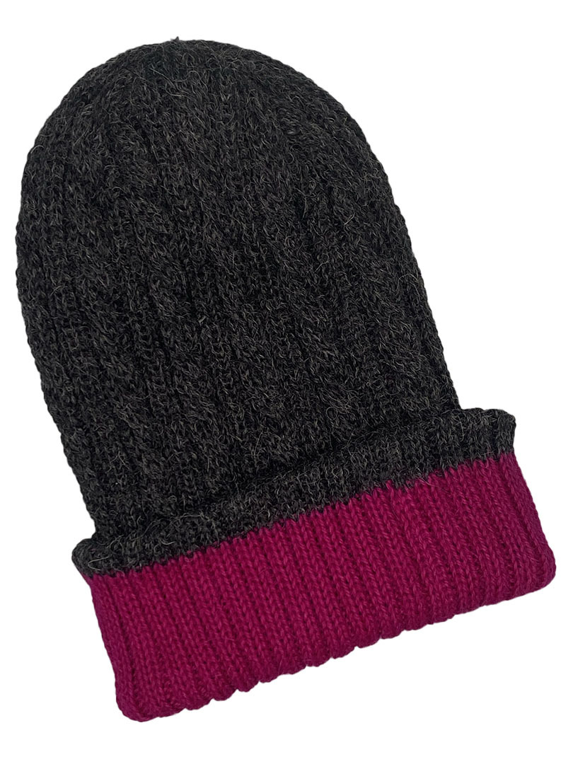 NEW - Reversible Hand Knit Alpaca Beanie - Magenta/Charcoal - 2