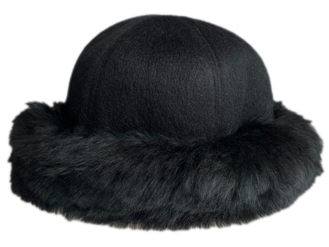 Baby Alpaca Fur Trim Hat - Black - 1