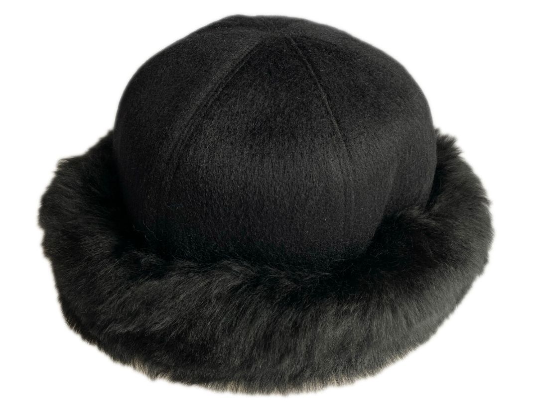 Baby Alpaca Fur Trim Hat - Black - 2