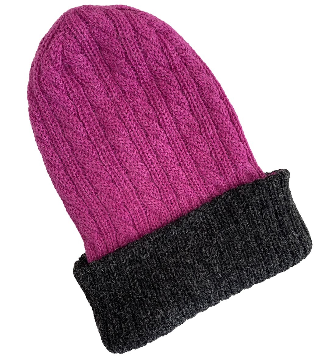 Reversible Hand Knit Alpaca Beanie Hot - Pink/Charcoal - 1