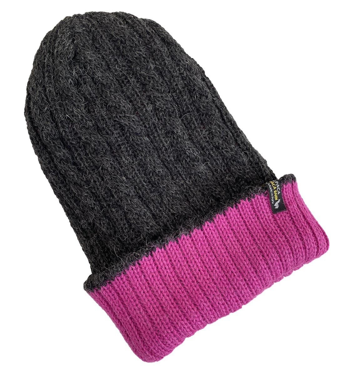 Reversible Hand Knit Alpaca Beanie Hot - Pink/Charcoal - 2