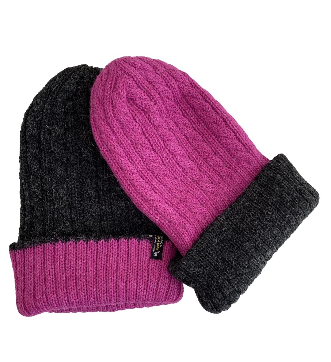 Reversible Hand Knit Alpaca Beanie Hot - Pink/Charcoal - 3