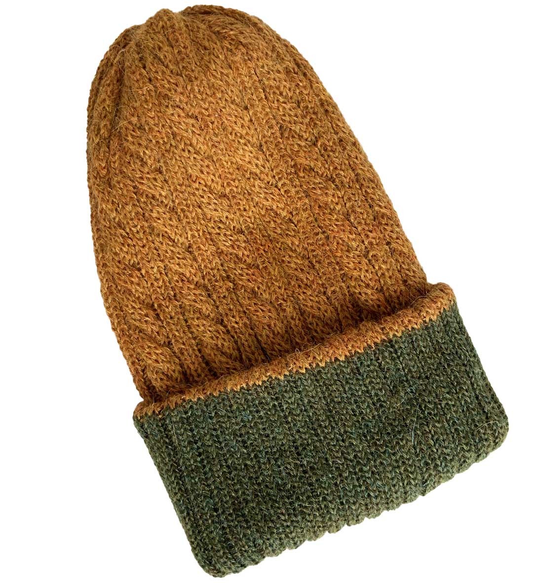 New - Reversible Hand Knit Alpaca Beanie - Mustard/Forest Green - 2